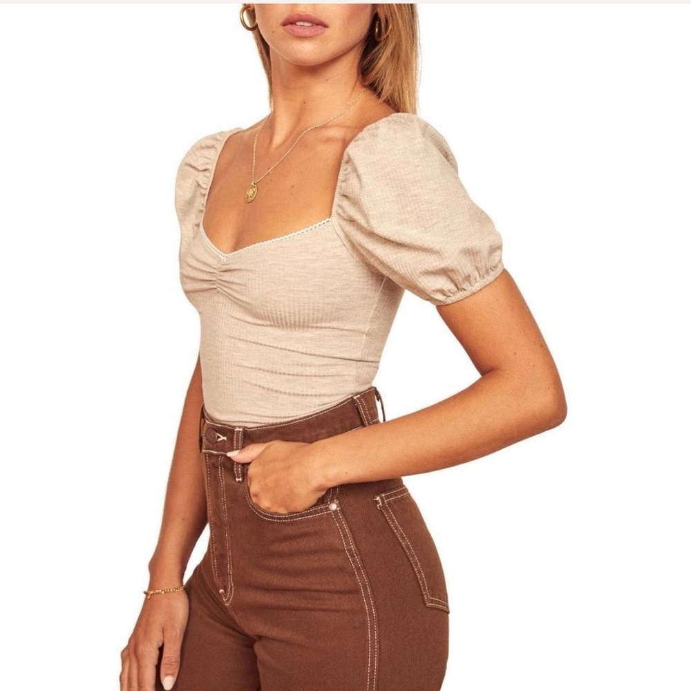 Reformation Women’s Ribbed Puff Sleeve Rochelle Bodysuit NWOT Size L